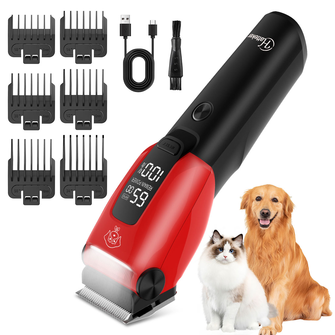 Grooming Kit - เครื่องตัดขนสัตว์เลี้ยงไฟฟ้า Hatteker สำหรับสุนัขและแมว ชุดอุปกรณ์ตัดแต่งขนสัตว์เลี้ยงแบบมืออาชีพ พร้อมใบมีดปรับระดับได้