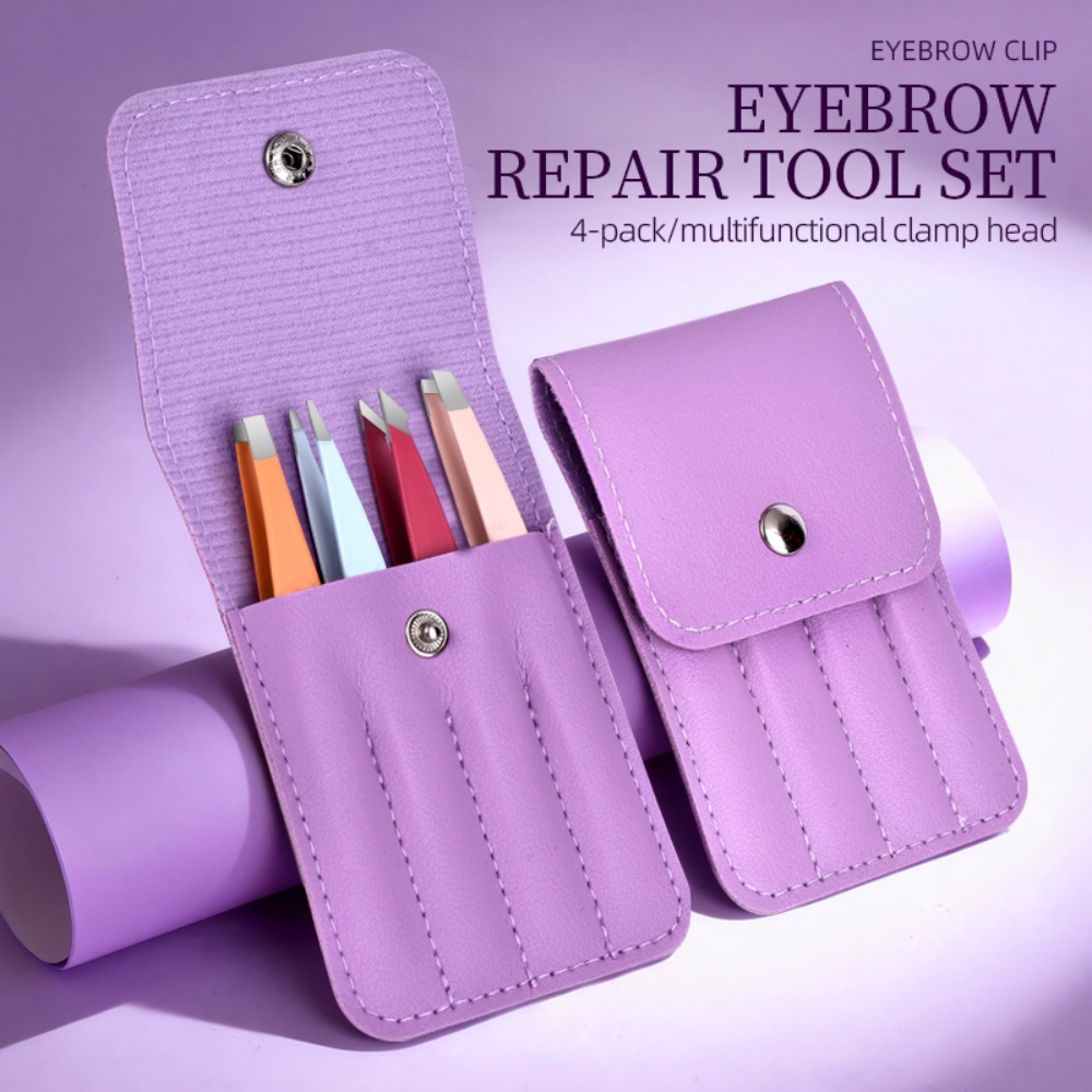 Grooming Kit - ชุดแหนบคิ้วสแตนเลสแบบมืออาชีพ 4 ชิ้น - เครื่องมือกำจัดขนและตกแต่งขน พร้อมกล่องเก็บ