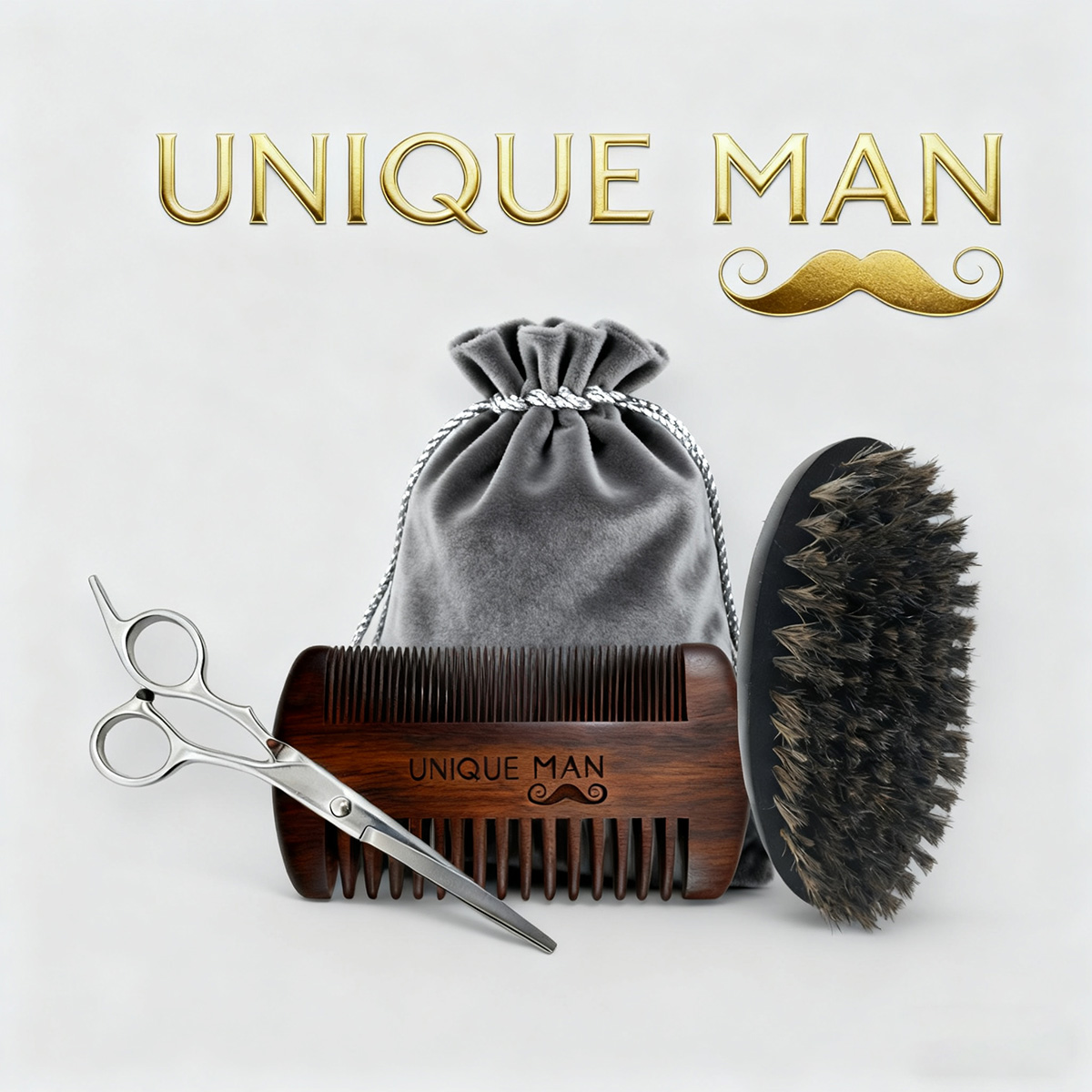 Grooming Kit - ชุดเครื่องมือดูแลเคราสำหรับผู้ชาย UNIQUE MAN, แปรงและหวีสำหรับเคราสีดำ, เหมาะสำหรับการดูแลและจัดแต่งทรงเคราในชีวิตประจำวัน, ของขวัญคริสต์มาสที่สมบูรณ์แบบ