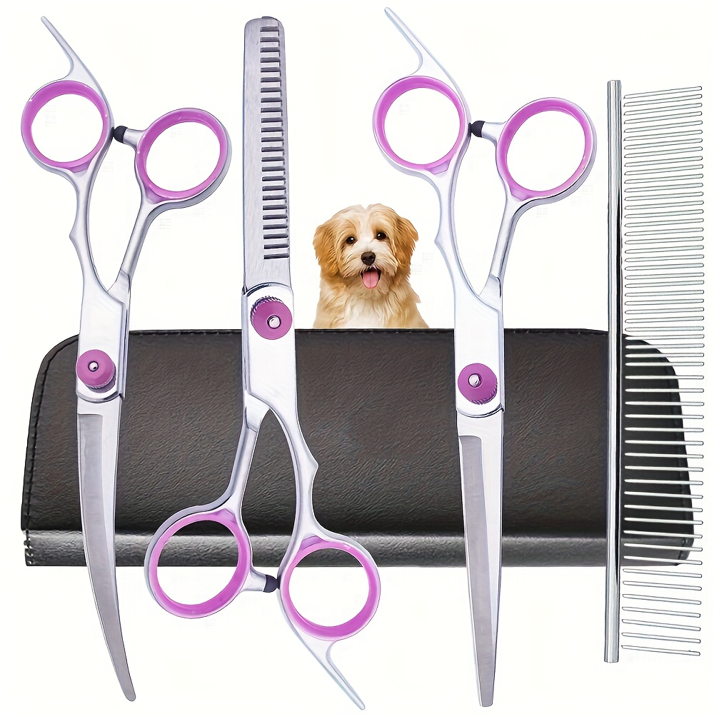 Grooming Scissors - ชุดกรรไกรตัดแต่งขนสุนัขแบบมืออาชีพ 5 ชิ้น ทำจากสแตนเลส พร้อมหวีและกล่องเก็บ สำหรับตัดแต่งขนสัตว์เลี้ยง